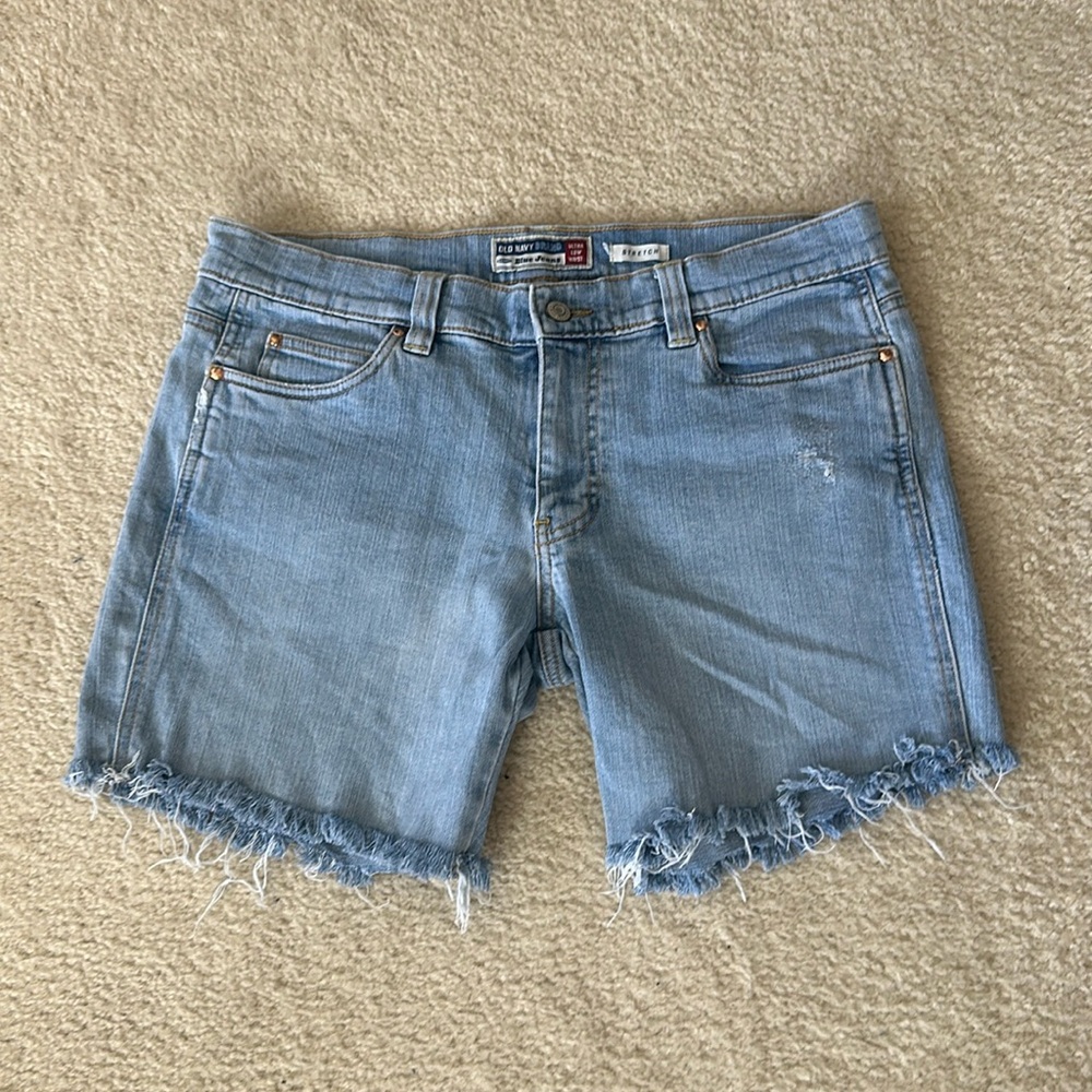 Old Navy Light Blue Hand Cut Ultra Low Waist  Distressed Denim Shorts Size 8